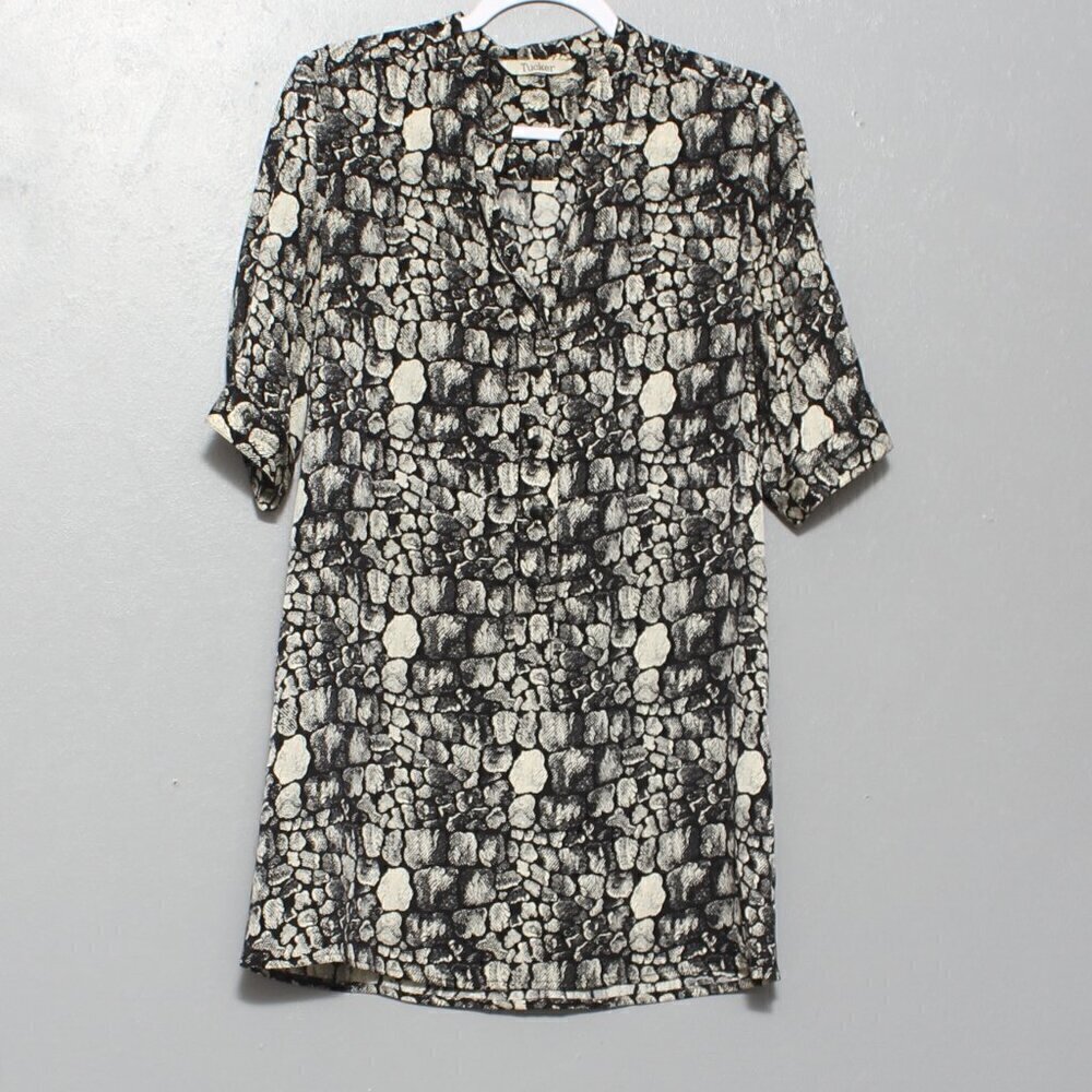 Tucker silk black cream reptile snack print mini dress tunic